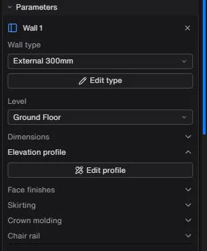 The Elevation profile section of the Parameters row, open to show the Edit profile button.