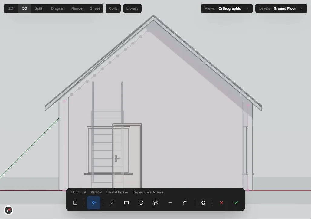 A wall seen square-on with the profile toolbar along the bottom: locks above, then Select, Line, Rectangle, Circle, Arc, Offset, Trim, Eraser, Cancel and Finish.