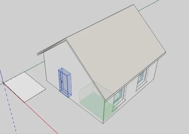 A balcony preview, a pale deck with guarding, following the pointer along the wall of a small gabled house.