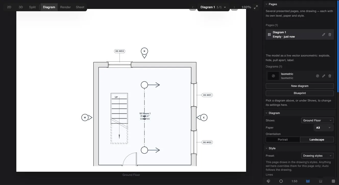 The Diagram view, with a page open on the canvas and the Pages and Diagram sections in the tray beside it.