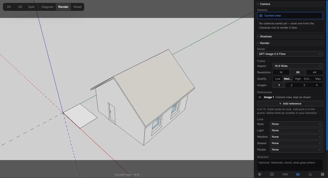 The Render view, with a frame guide over the live model and the Camera and Render sections open in the tray.