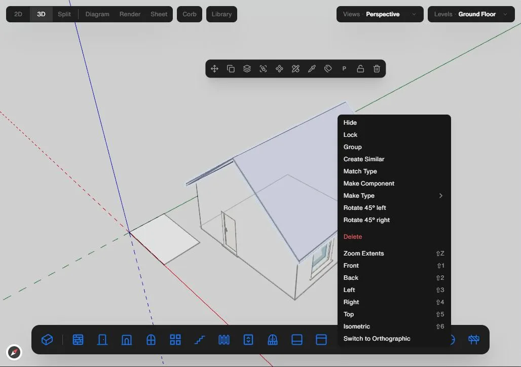 A right-click menu open on a selected roof in 3D, listing Hide, Lock, Group, Create Similar and the view commands.
