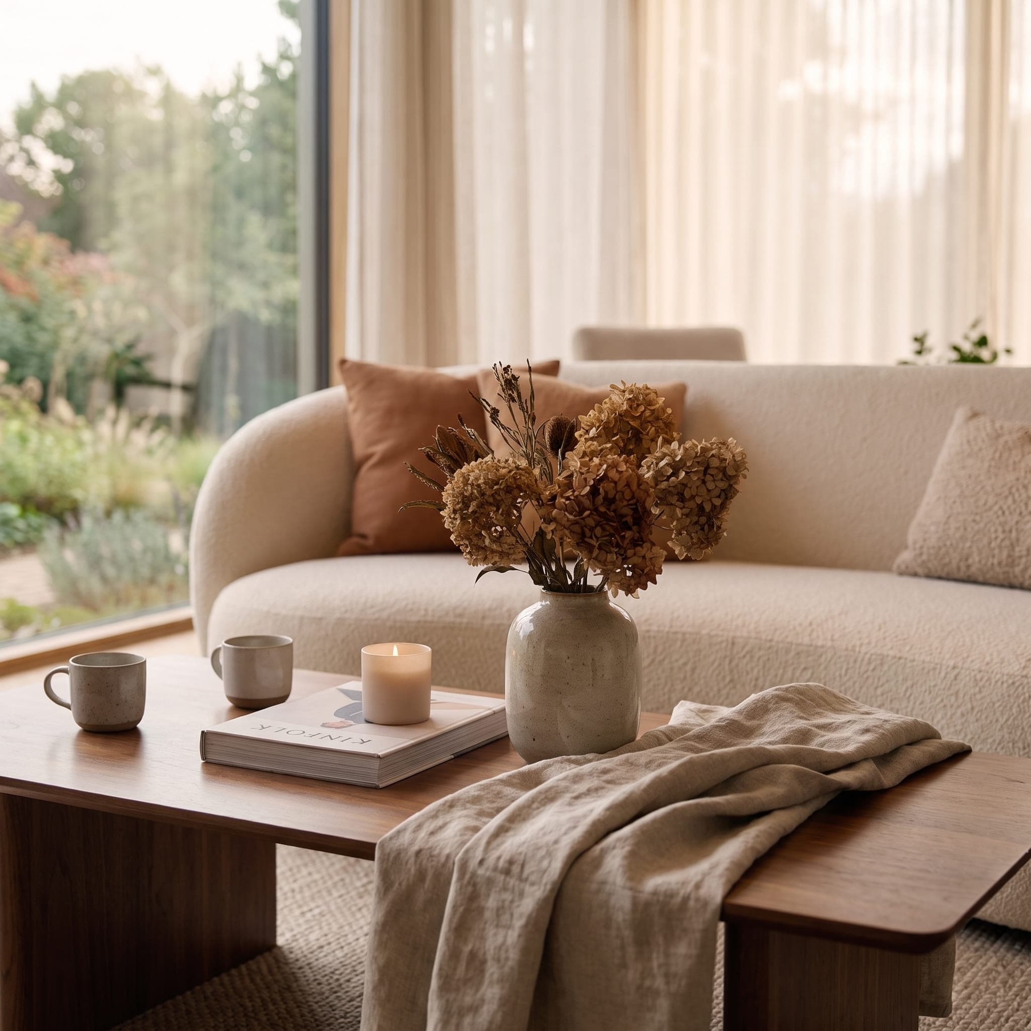 A close interior view of a sofa against a softly lit wall